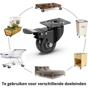 Zwarte zwenkwielen met rem set van 4
